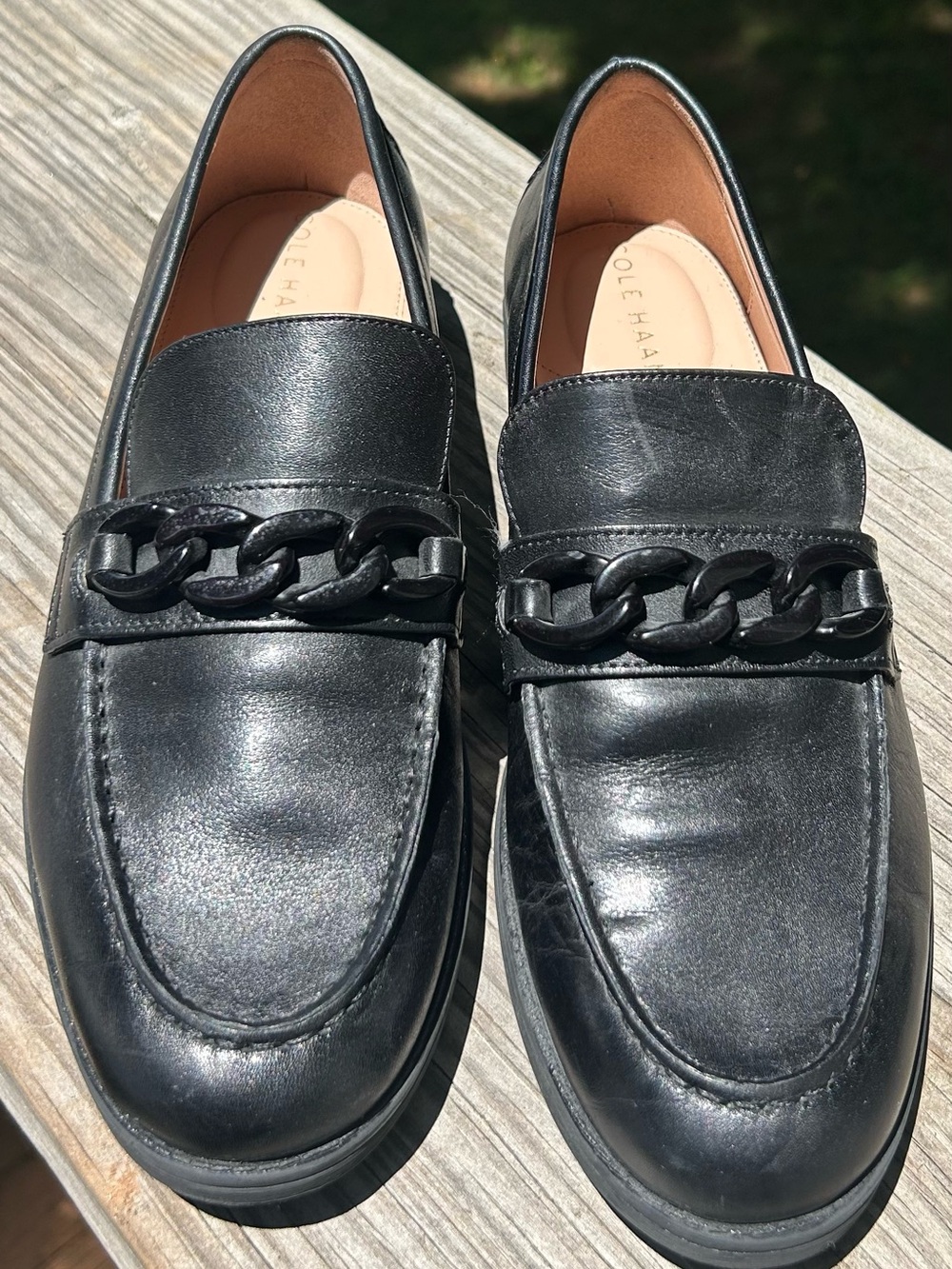 Cole Haan Black Leather Chain-Trim Loafers